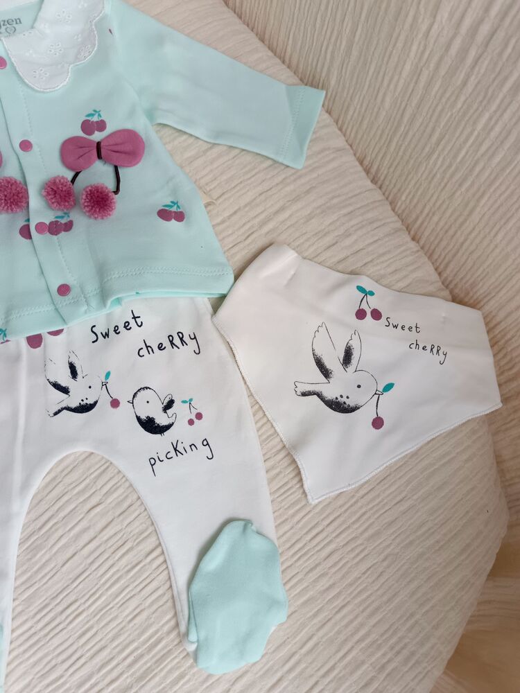 Luna Kiraz Detaylı 5li Hastane Çıkışı Seti Mint