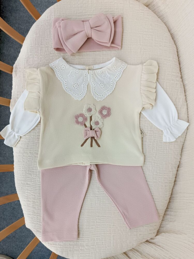 Mila Yakası Dantelli Pembe 3lü Takım