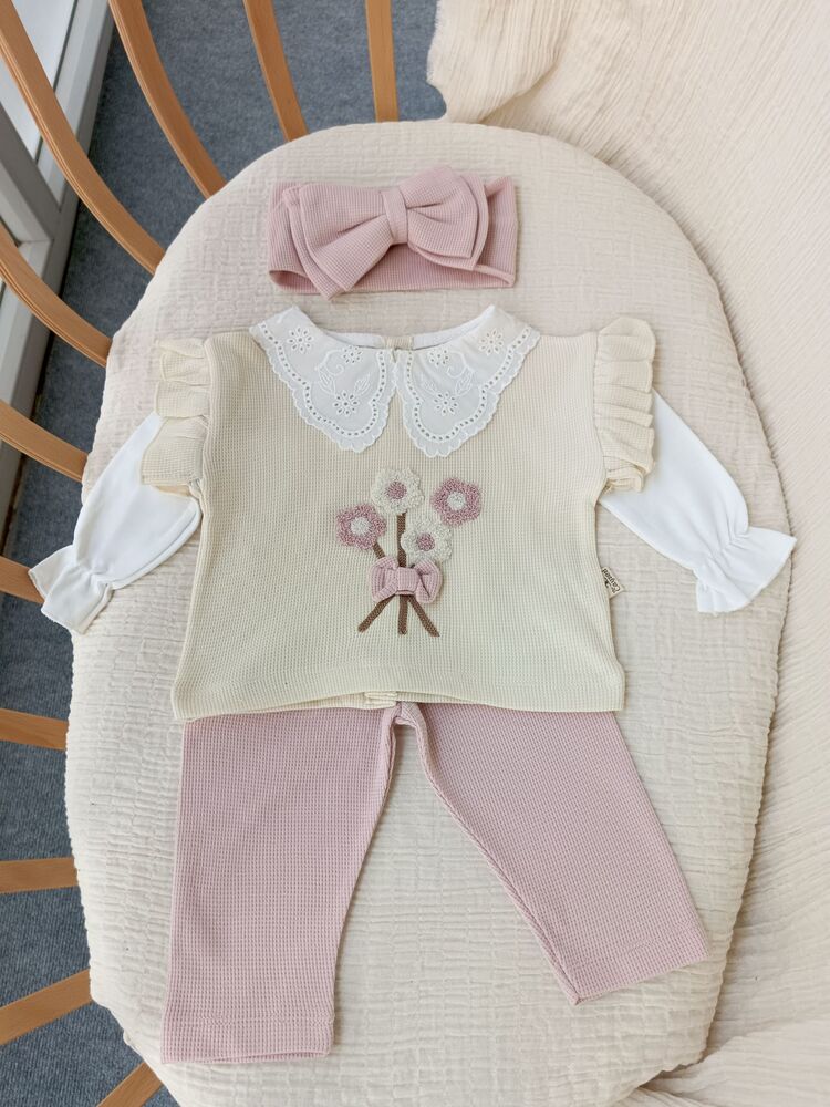 Mila Yakası Dantelli Pembe 3lü Takım