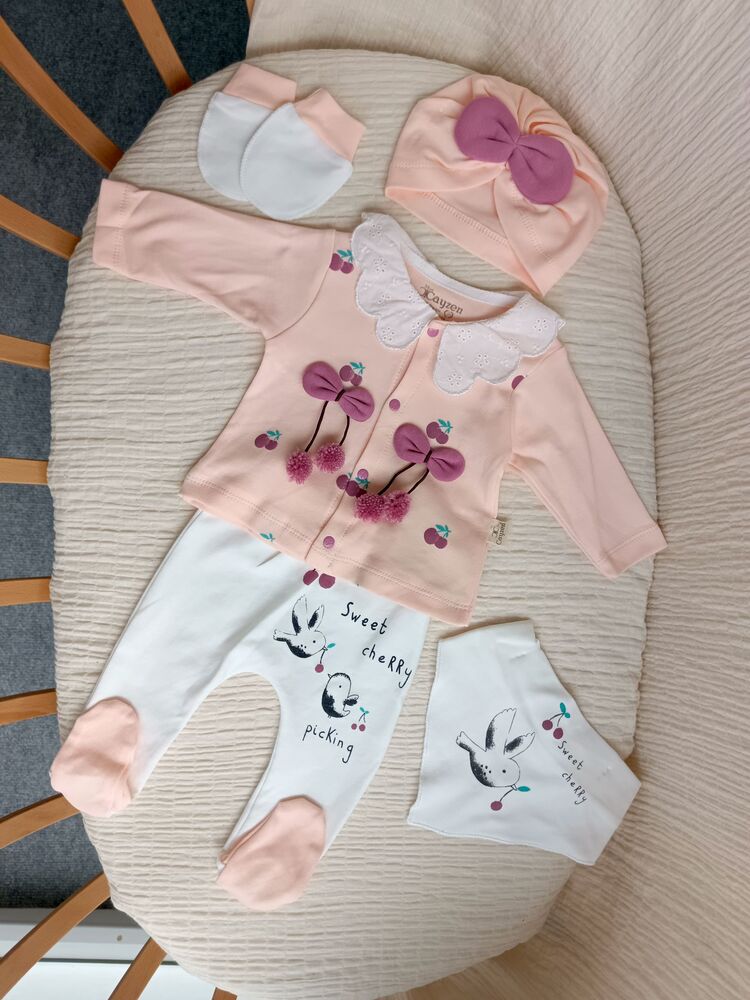 Luna Kiraz Detaylı 5li Hastane Çıkışı Seti Somon