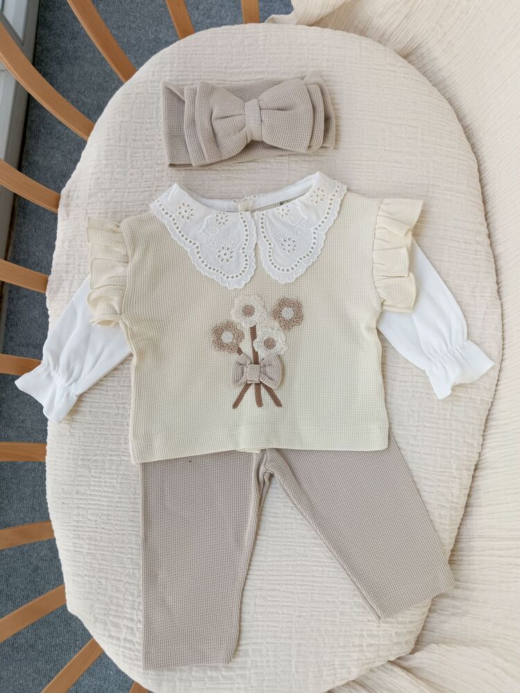 Mila Yakası Dantelli Bej 3lü Takım