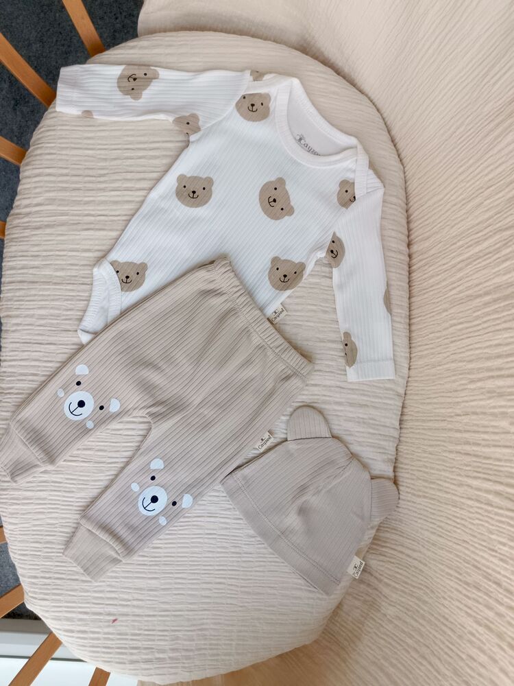 Sevimli Ayıcık Kulaklı 3lü Takım Bej