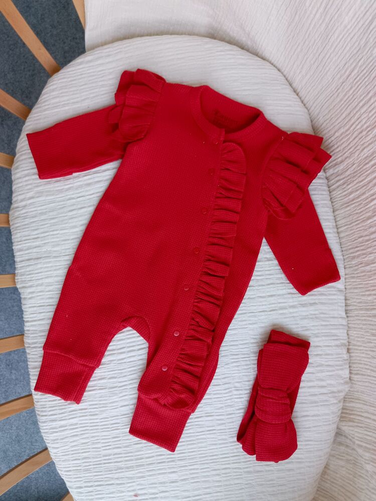 Orkide Fırfır Detaylı Kırmızı Bandanalı Tulum Set