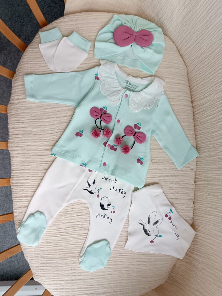Luna Kiraz Detaylı 5li Hastane Çıkışı Seti Mint