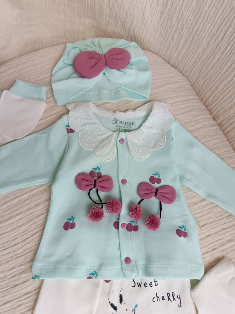 Luna Kiraz Detaylı 5li Hastane Çıkışı Seti Mint