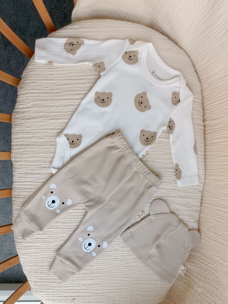 Sevimli Ayıcık Kulaklı 3lü Takım Bej