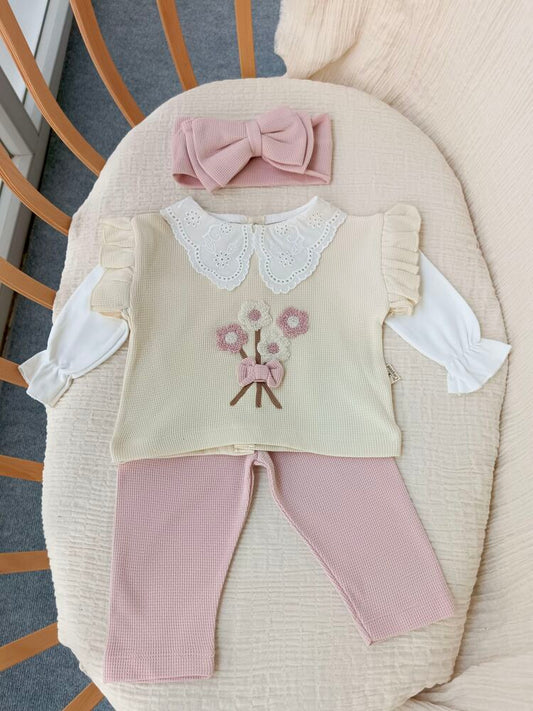 Mila Yakası Dantelli Pembe 3lü Takım