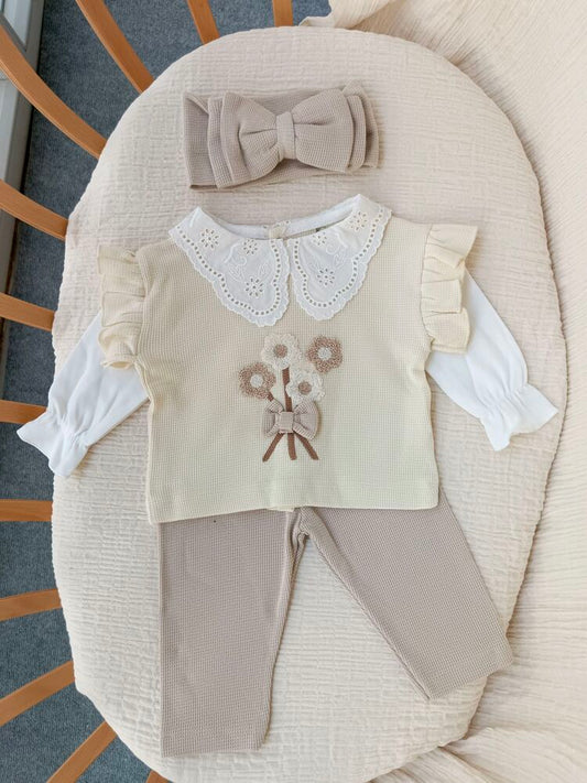 Mila Yakası Dantelli Bej 3lü Takım