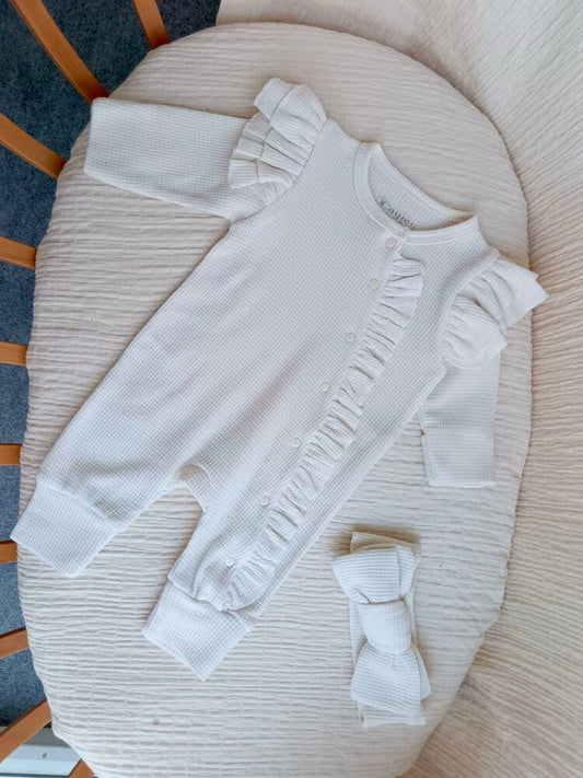 Orkide Fırfır Detaylı Krem Bandanalı Tulum Set