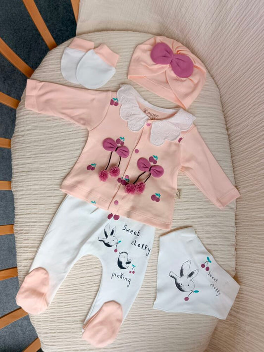 Luna Kiraz Detaylı 5li Hastane Çıkışı Seti Somon