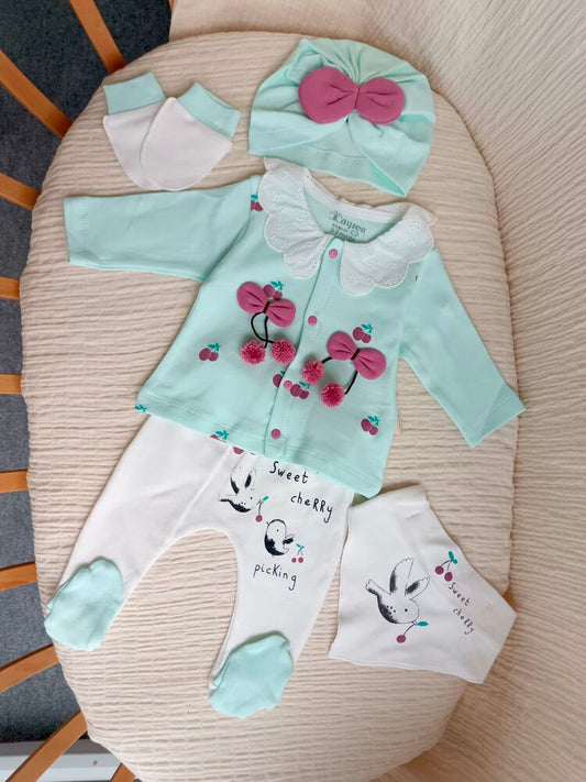Luna Kiraz Detaylı 5li Hastane Çıkışı Seti Mint
