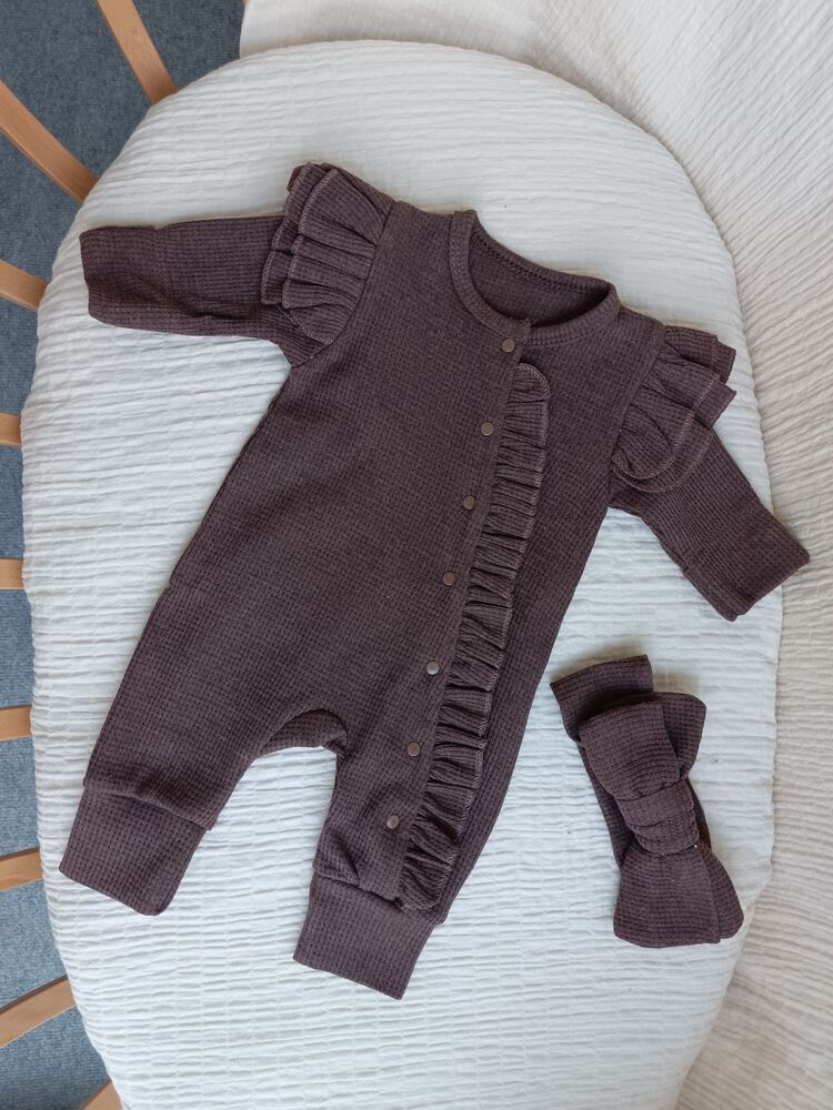 Orkide Fırfır Detaylı Kahverengi Bandanalı Tulum Set