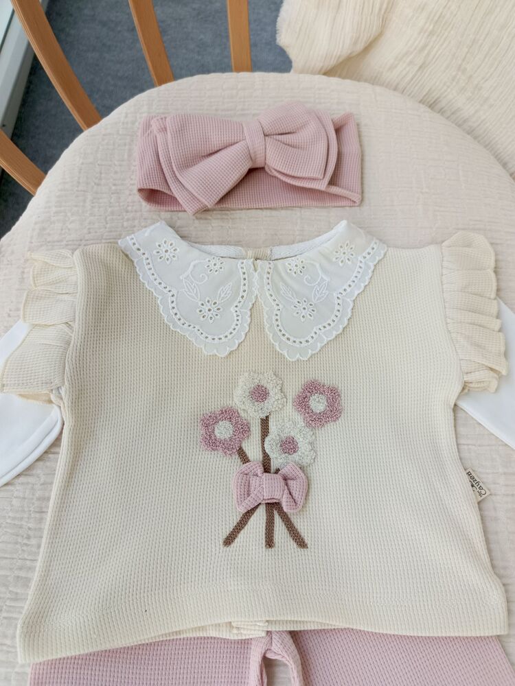 Mila Yakası Dantelli Pembe 3lü Takım