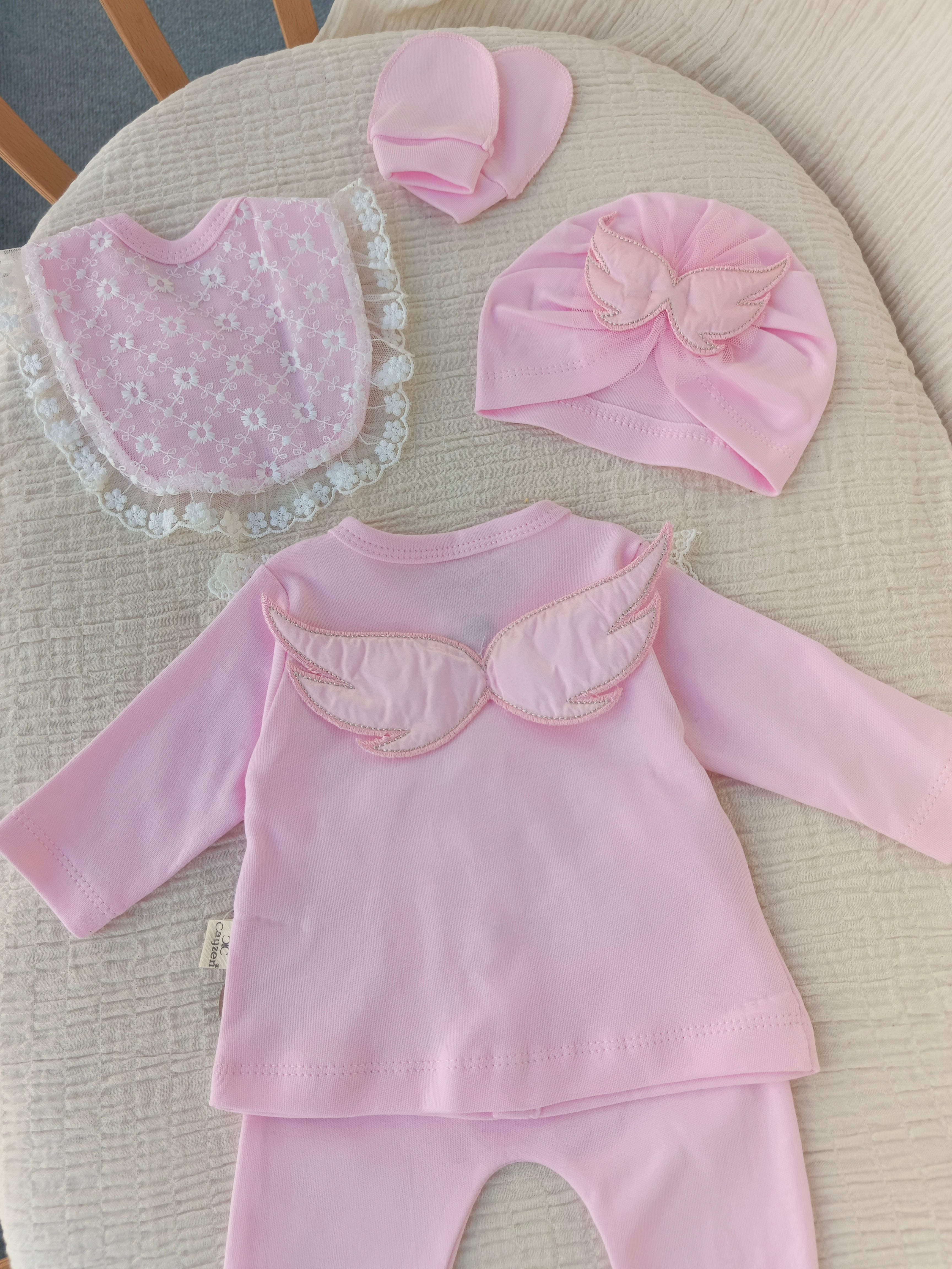 Melek Kanatlı 5'li Yenidoğan Hastane Çıkışı Seti Pembe