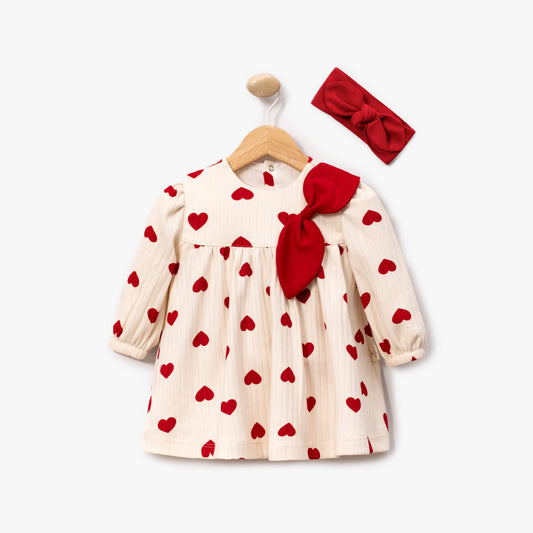 Kırmızı Kalpli Elbise Bandana Set
