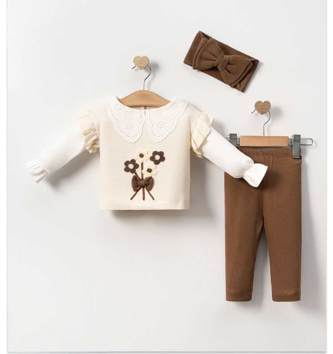 Çiçek Süzineli 3'lü Takım Kahverengi