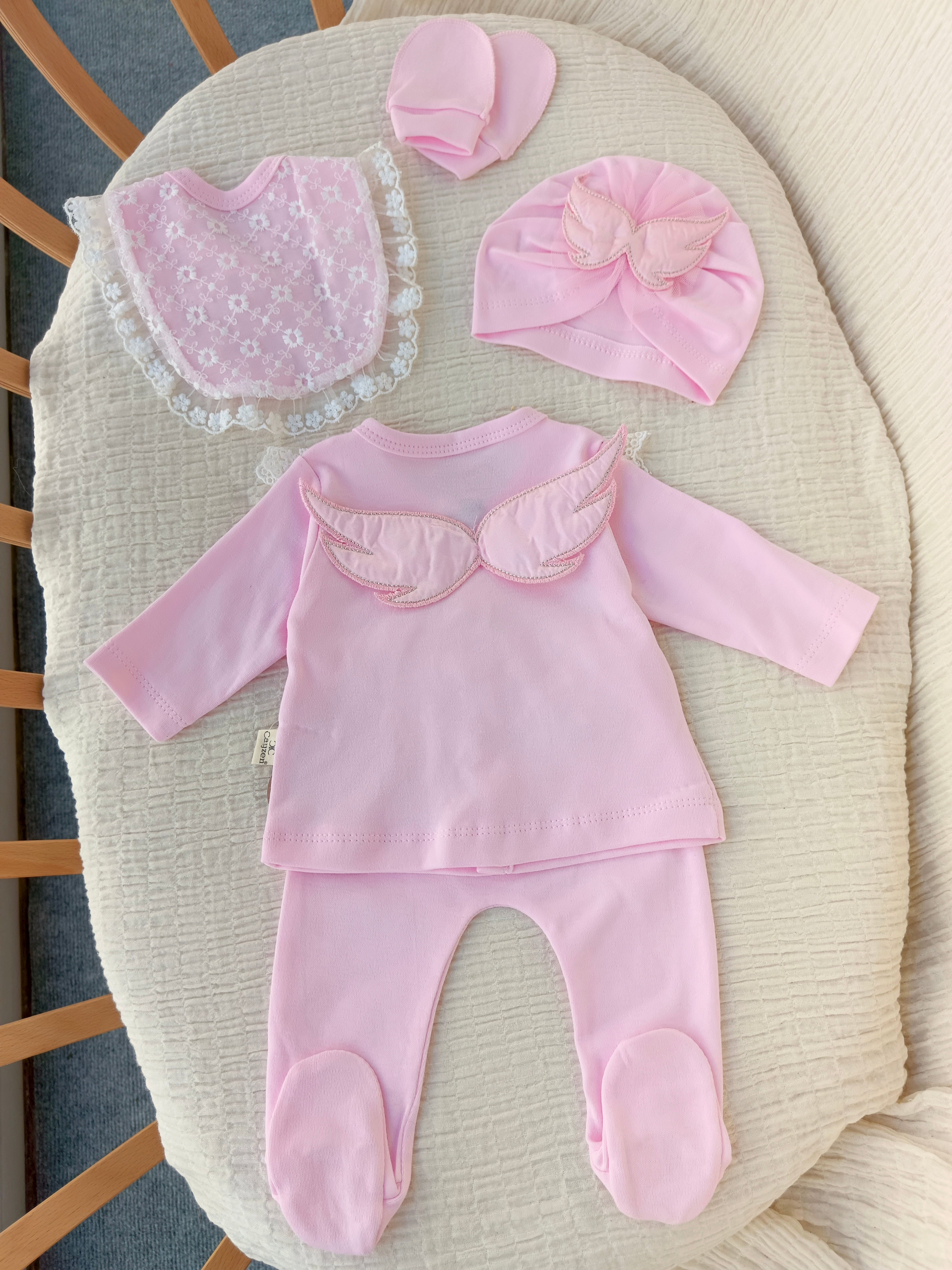 Melek Kanatlı 5'li Yenidoğan Hastane Çıkışı Seti Pembe