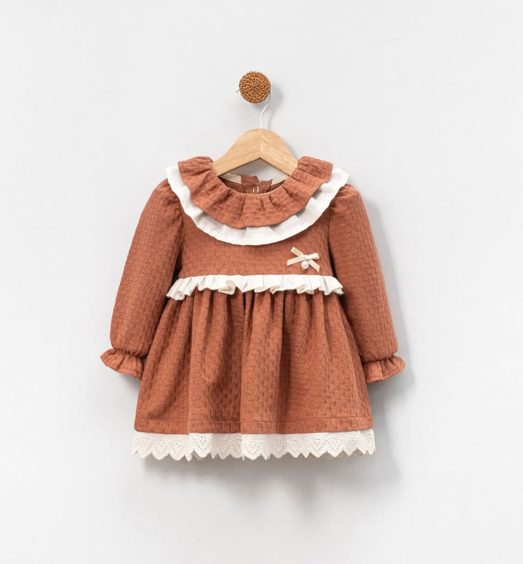 İnci Detaylı Kız Bebek Elbise Kahverengi