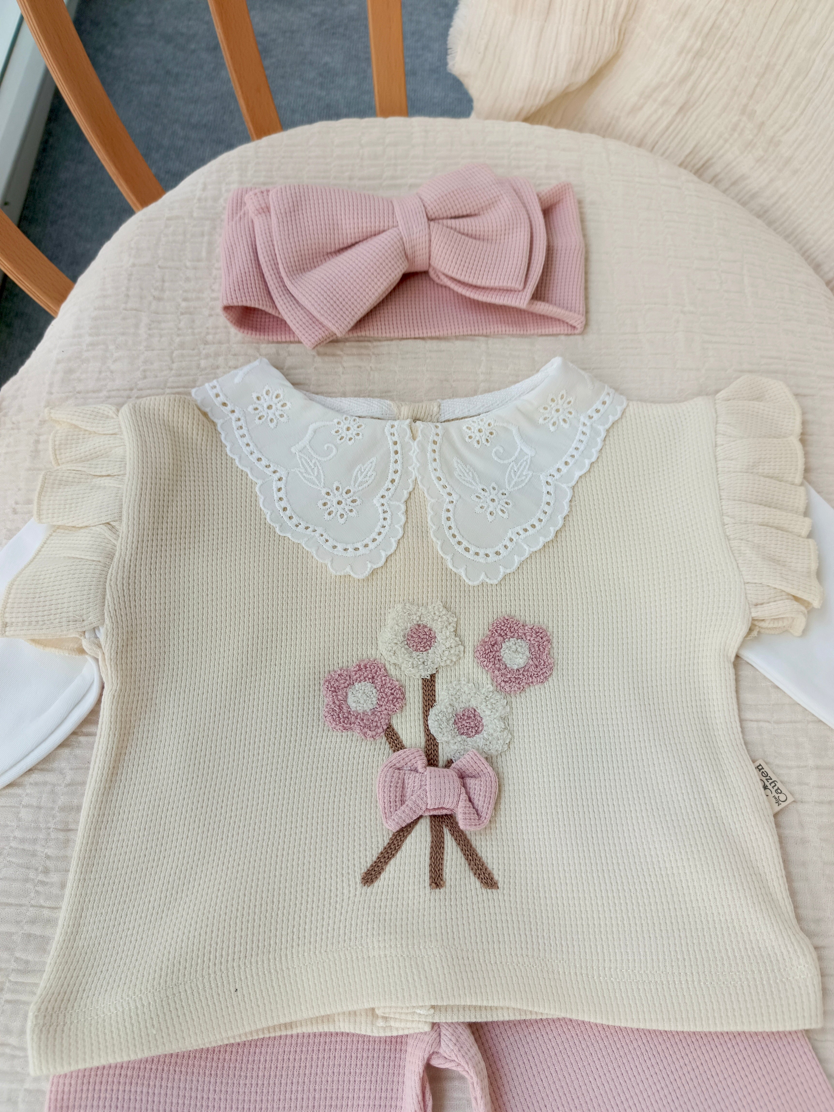 Çiçek Süzineli 3'lü Takım Pembe