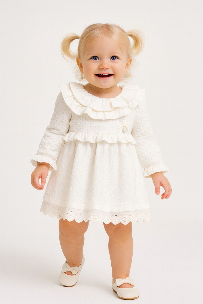 İnci Detaylı Kız Bebek Elbise Beyaz