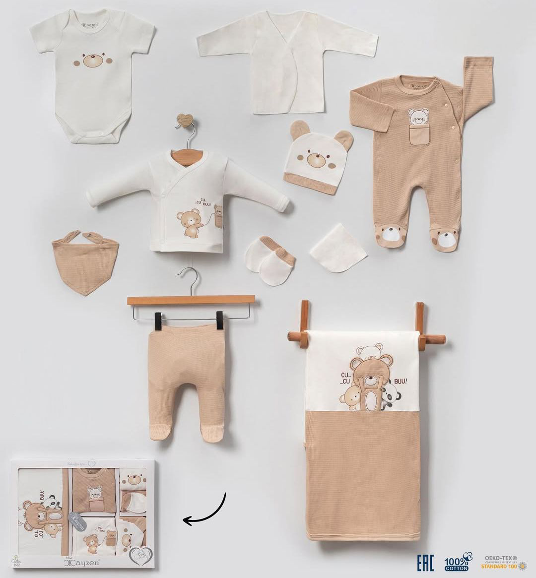 Waffle Ayıcık Erkek Bebek Premium 10'lu Hastane Yenidoğan Seti Bej