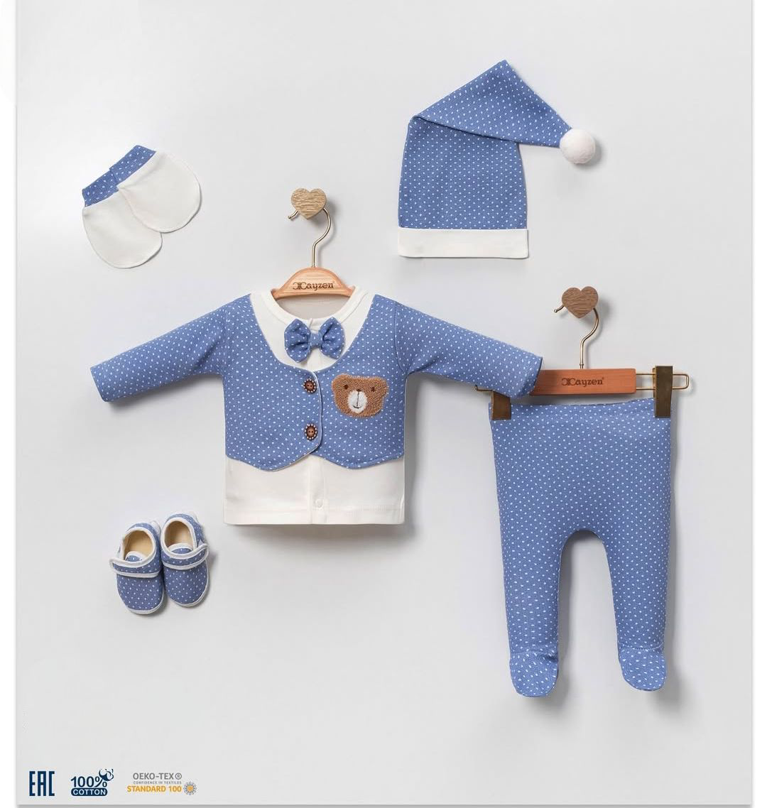 Uykucu Ayıcık Kutulu 5'li Yenidoğan Hastane Çıkışı Seti Mavi