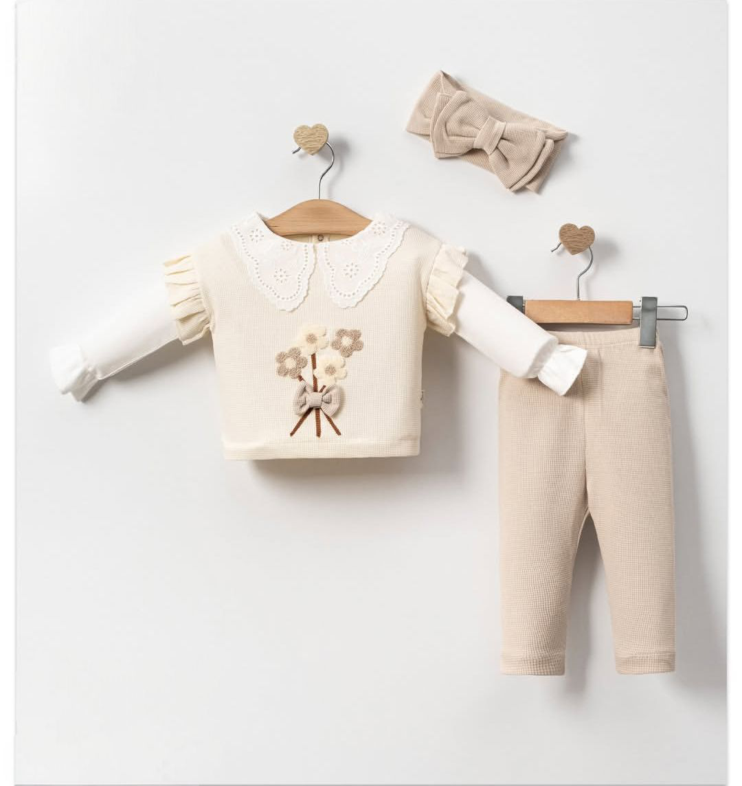 Çiçek Süzineli 3'lü Takım Bej