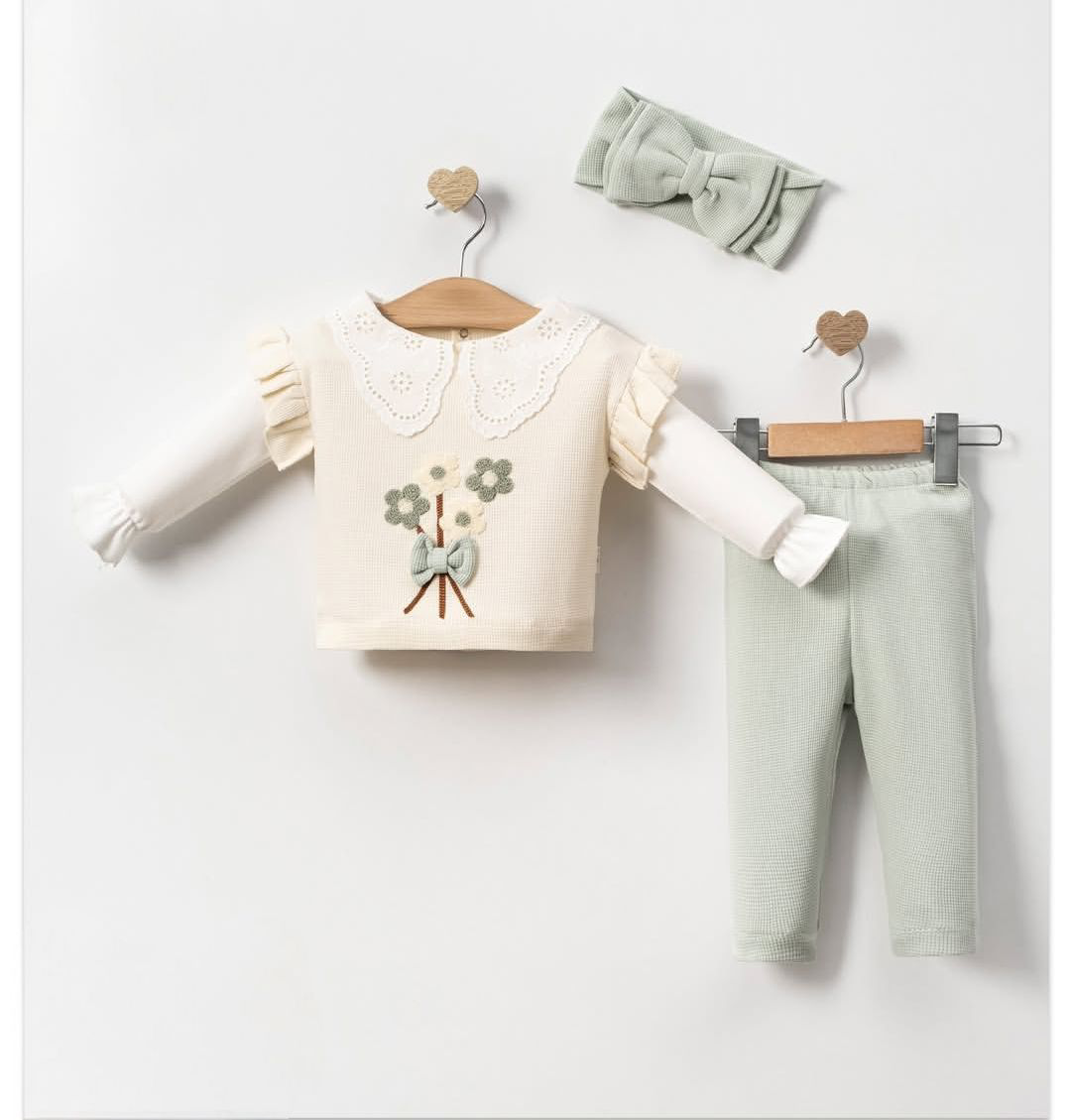 Çiçek Süzineli 3'lü Takım Mint Yeşili