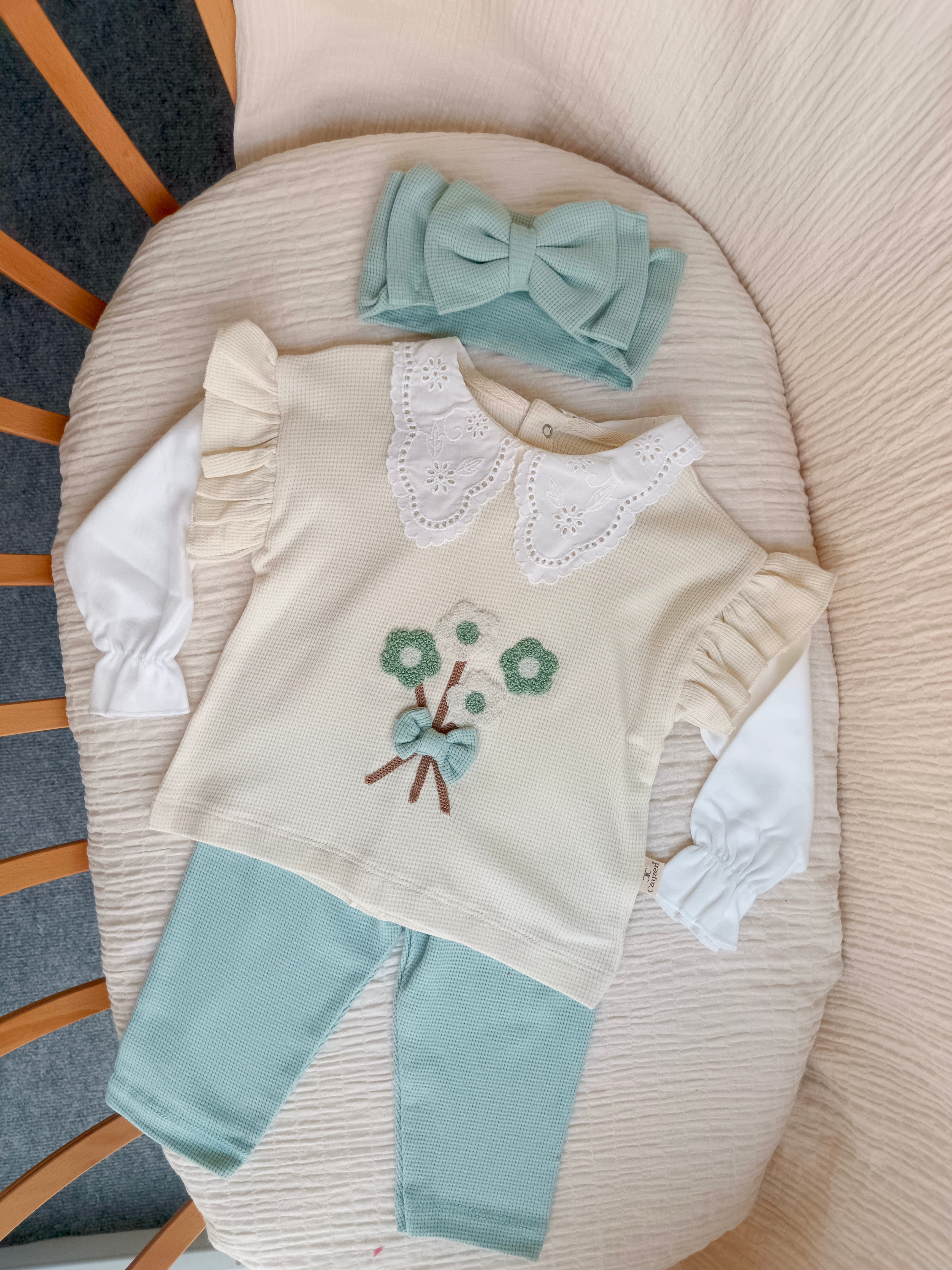 Çiçek Süzineli 3'lü Takım Mint Yeşili