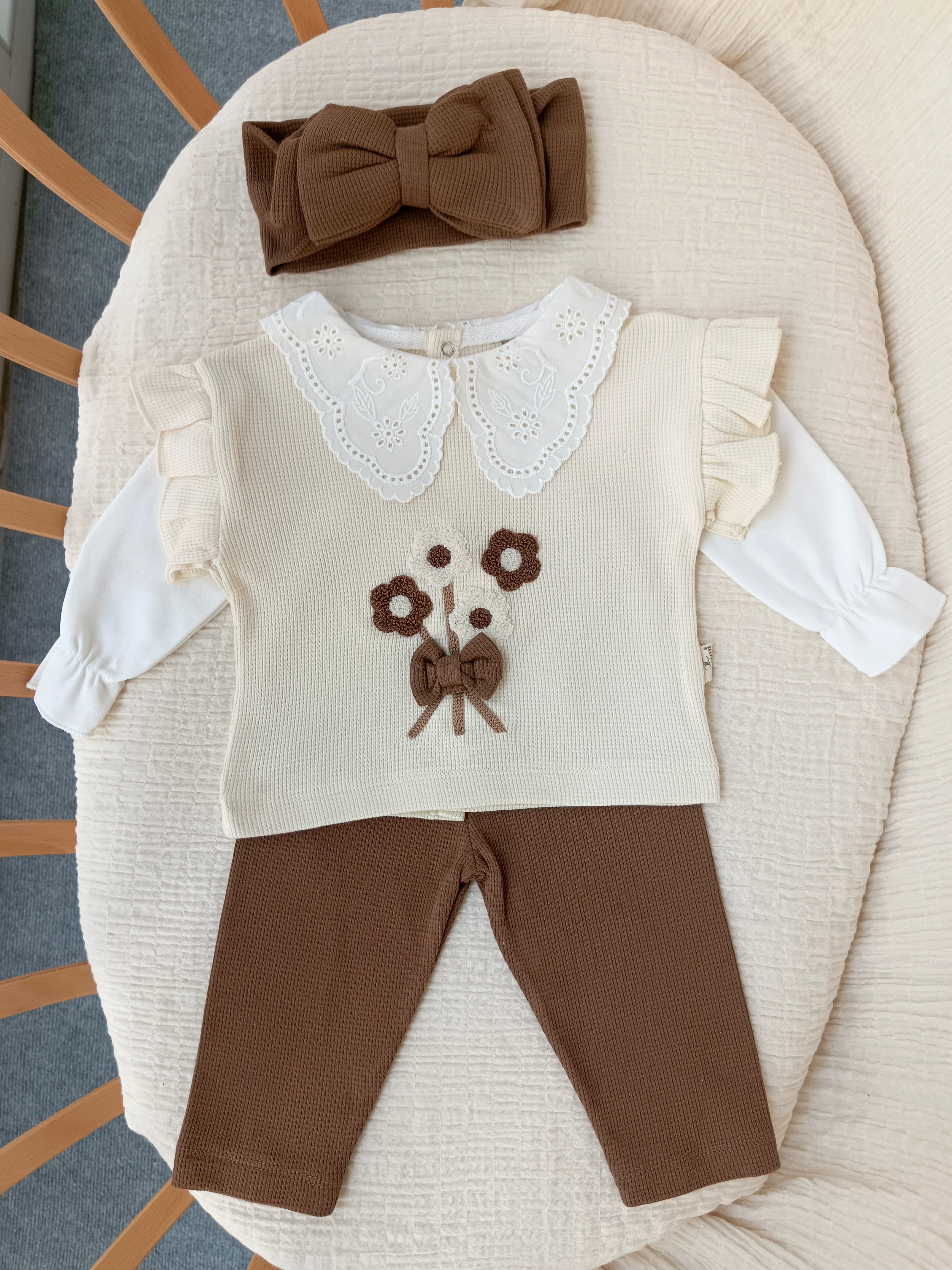 Çiçek Süzineli 3'lü Takım Kahverengi