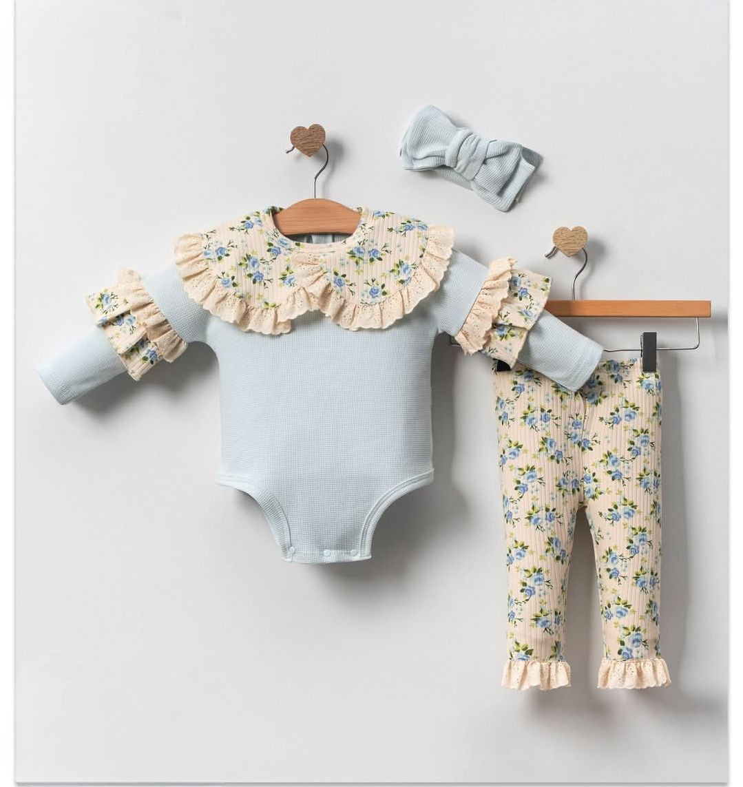 Çiçekli Mavi Waffle 3'lü Takım