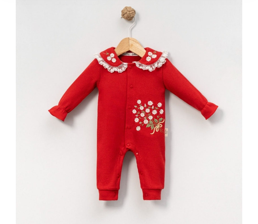 Kız Bebek Çiçek Nakışlı Tulum Kırmızı