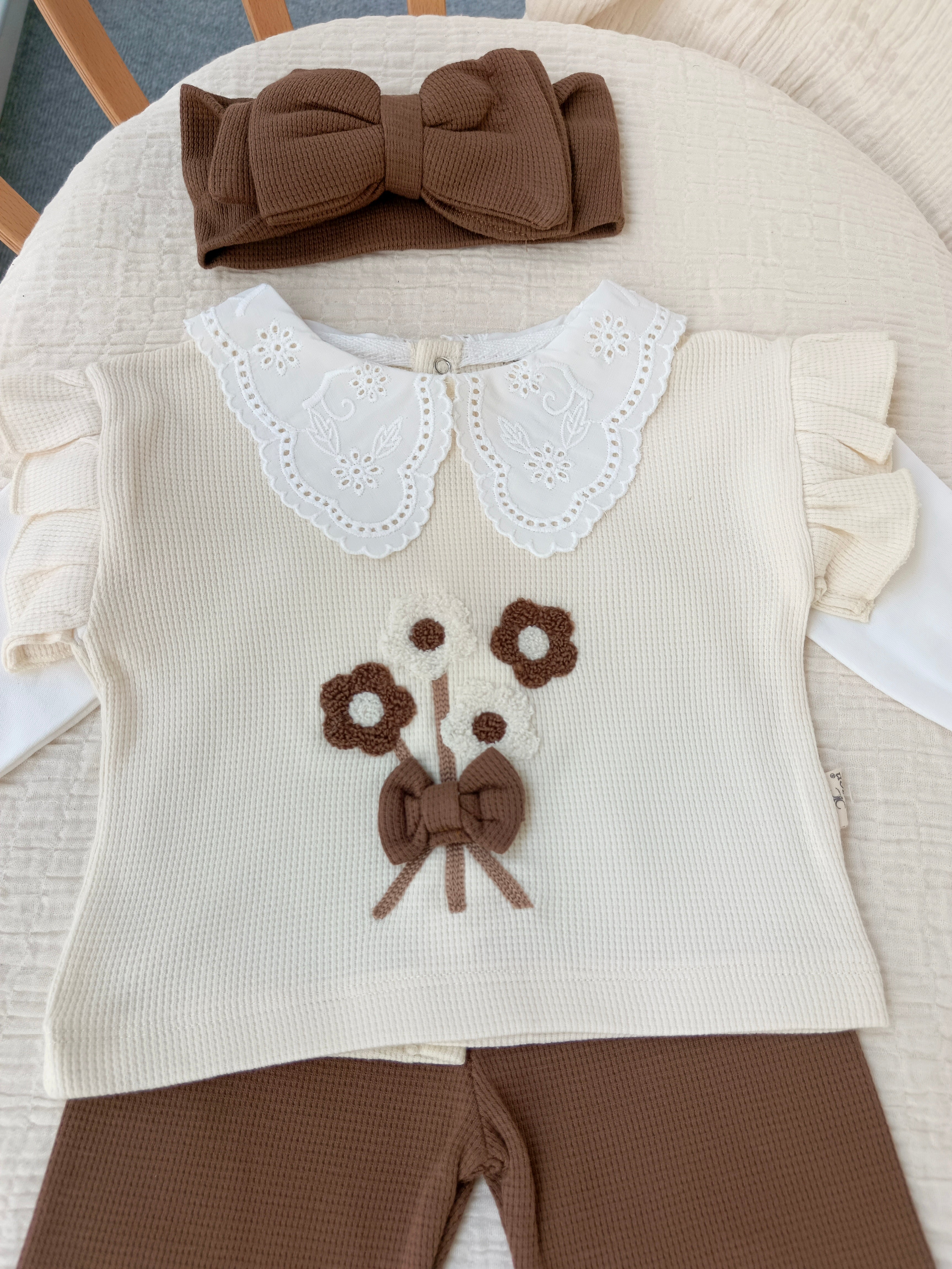 Çiçek Süzineli 3'lü Takım Kahverengi