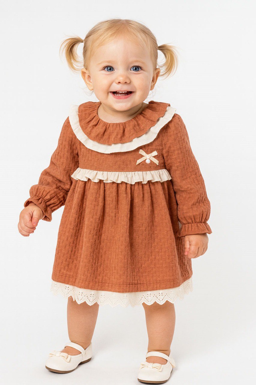 İnci Detaylı Kız Bebek Elbise Kahverengi