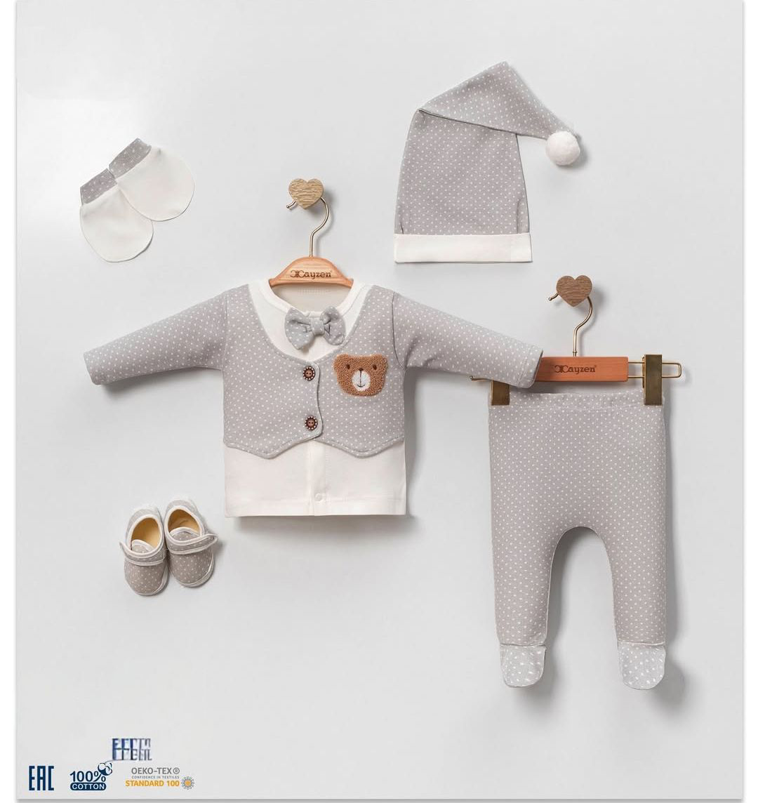 Uykucu Ayıcık Kutulu 5'li Yenidoğan Hastane Çıkışı Seti Gri