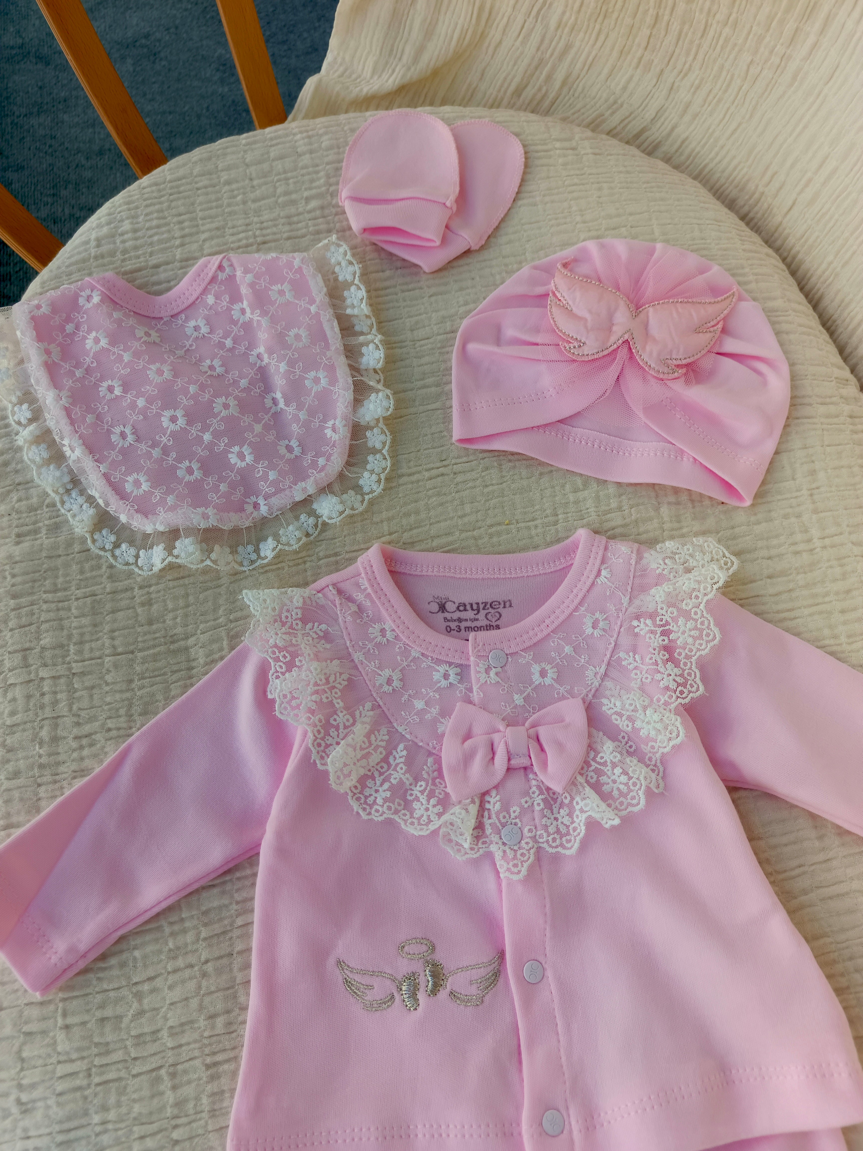 Melek Kanatlı 5'li Yenidoğan Hastane Çıkışı Seti Pembe