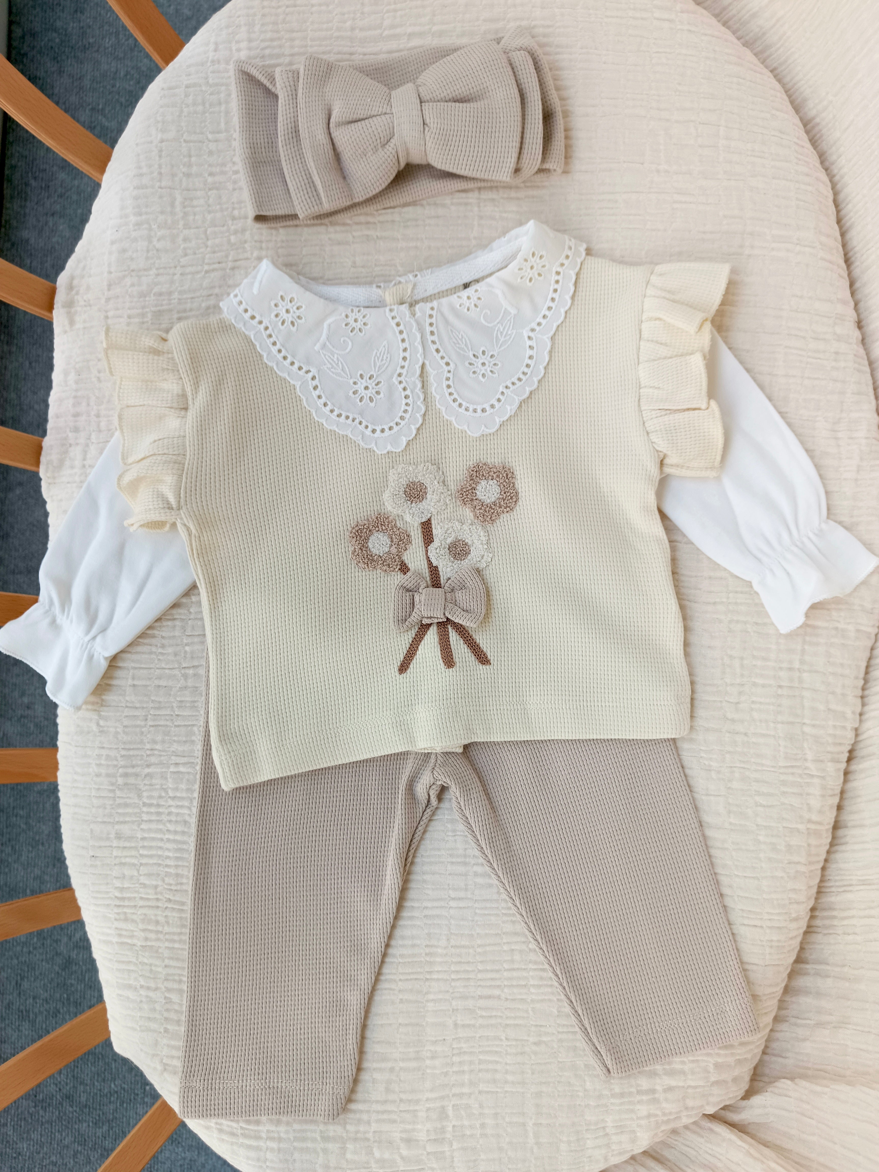 Çiçek Süzineli 3'lü Takım Bej