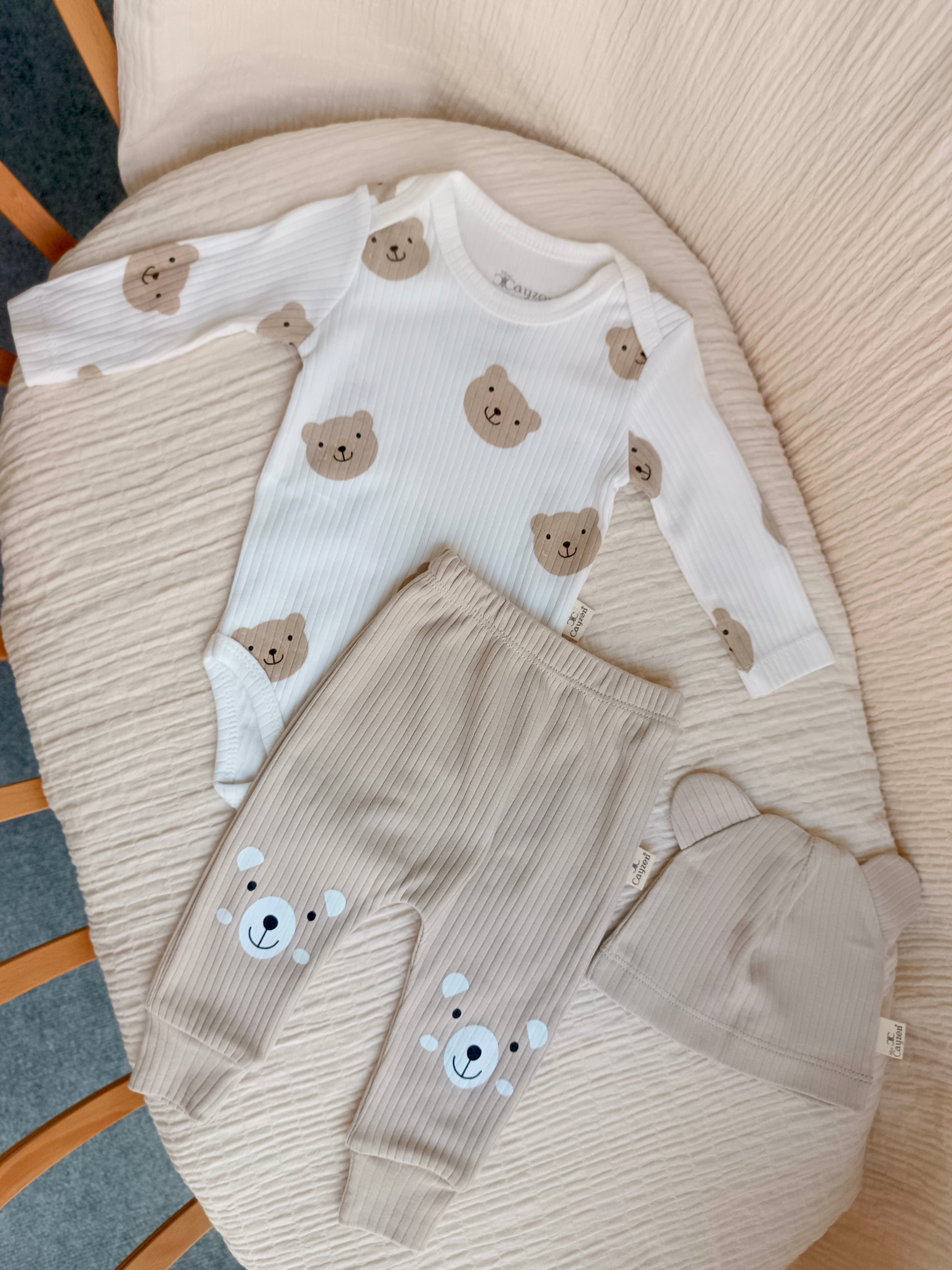 Ayıcık Desenli Bebek 3'lü Takım Bej