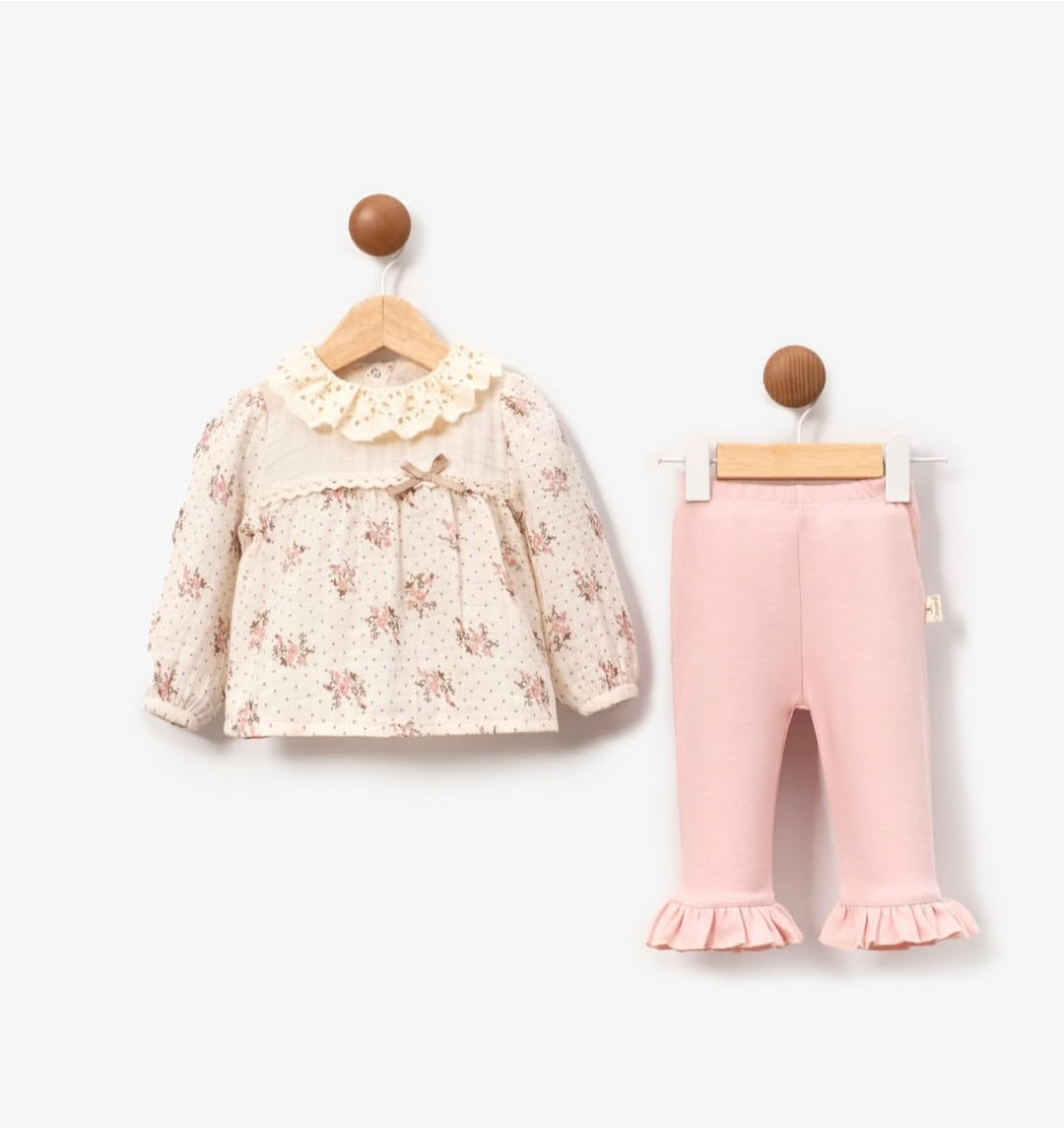 Çiçek Baskılı Müslin 2'li Takım Pembe