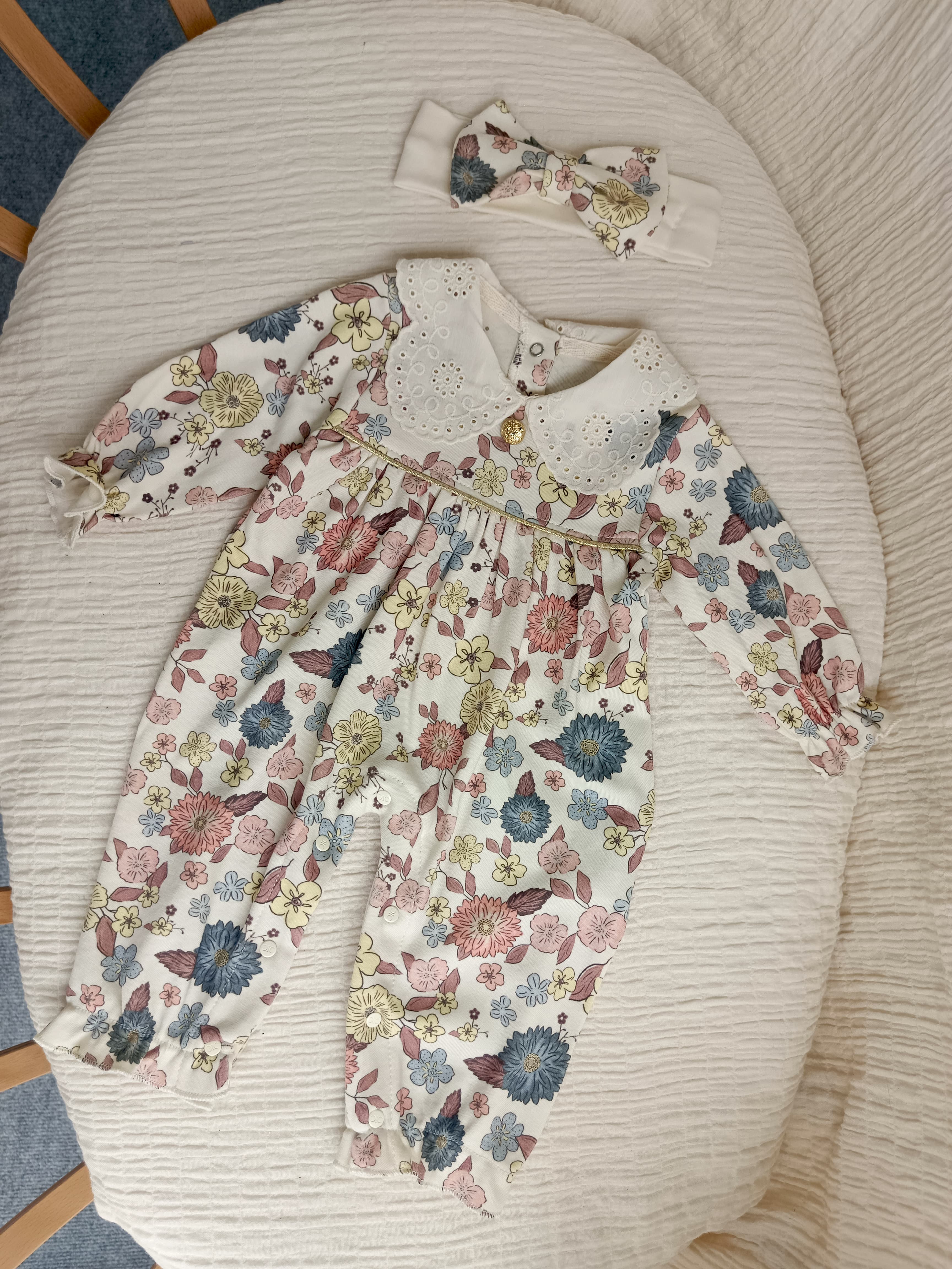 Gold Detaylı Çiçekli Tulum Set